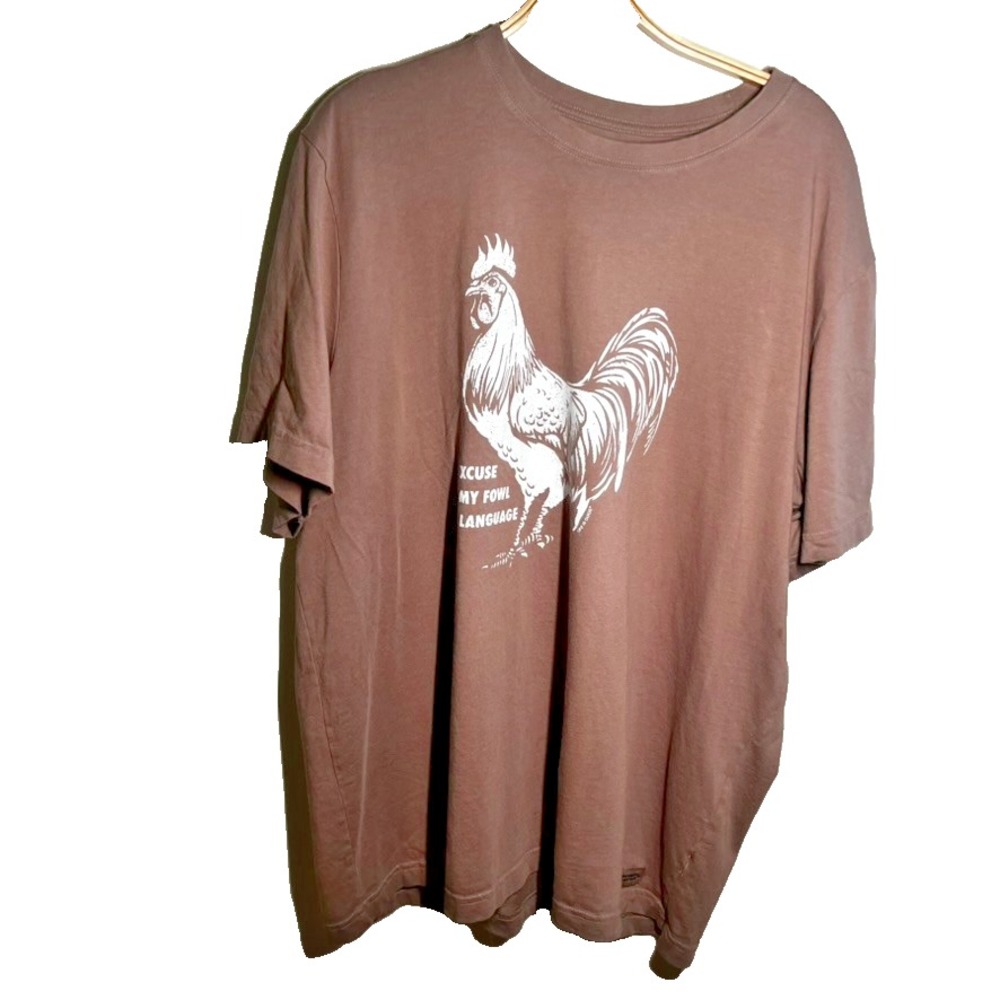 Life Is‎ Good Mens Crusher T-shirt Tan Rooster Fowl Language Graphic Cotton